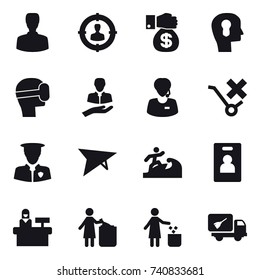 16 vector icon set : man, target audience, money gift, bulb head, virtual mask, deltaplane, surfer, identity card, reception, garbage bin, home call cleaning