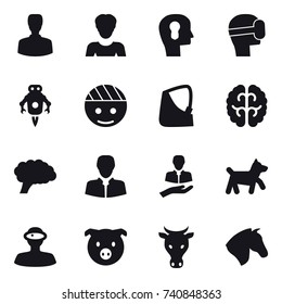 16 vector icon set : man, woman, bulb head, virtual mask, jet robot, dog, pig, cow, horse 16 vector icon set : man, woman, bulb head, virtual mask, jet robot, dog, pig, cow, horse