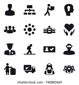 16 vector icon set : man, hierarchy, courier, bulb head, group, round around, tourist, check in, garbage bin, home call cleaning, cleaner, outsource