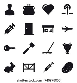16 vector icon set : man, purse, heart, laser, door, gas station, plane, key, meat hammer, rake, cow, rabbit, farm fence, syringe, potato