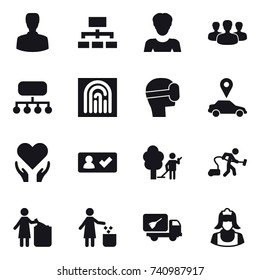 16 vector icon set : man, hierarchy, woman, group, structure, fingerprint, virtual mask, car pointer, check in, garden cleaning, vacuum cleaner, garbage bin, home call cleaning, cleaner