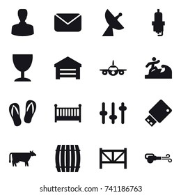 16 vector icon set : man, mail, satellite antenna, spark plug, wineglass, garage, surfer, flip-flops, crib, cow, barrel, farm fence, blower