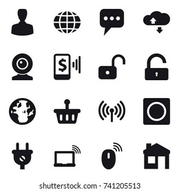 16 vector icon set : man, globe, message, cloude service, web cam, mobile pay, unlock, wireless, ring button, house 16 vector icon set : man, globe, message, cloude service, web cam, mobile pay, unlock, wireless, ring button, house