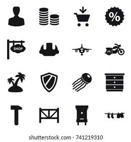 16 vector icon set : man, coin stack, add to cart, percent, shop signboard, building helmet, plane, motorcycle, island, shield, jellyfish, chest of drawers, farm fence, hive, drying clothe