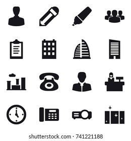 16 Vektorillustrationen Symbol Set: Mann, Stift, Marker, Gruppe, Zwischenablage, Gebäude, Wolkenkratzer, Stadt, Empfang, Uhr, sauberes Fenster