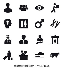 16 vector icon set : man, group, eye, courier, bulb head, wc, detector, passenger, inspector, slippers, cow