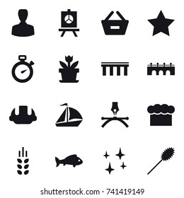 16 vector icon set : man, presentation, remove from basket, star, stopwatch, flower, bridge, building helmet, sail boat, chef  hat, spikelets, fish, shining, duster