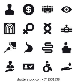 16 vector icon set : man, dollar, team, eye, fingerprint, check in, invalid, hand and drop
