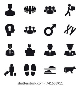 16 vector icon set : man, team, group, courier, bulb head, passenger, slippers, cow