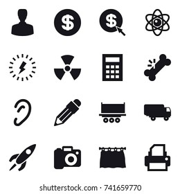 16 vector icon set : man, dollar, dollar arrow, atom, lightning, nuclear, calculator, pencil, camera, curtain