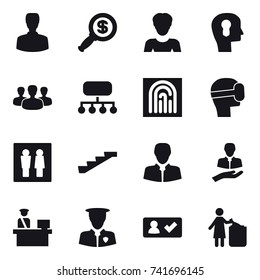 16 vector icon set : man, dollar magnifier, woman, bulb head, group, structure, fingerprint, virtual mask, wc, stairs, check in, garbage bin
