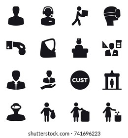 16 vector icon set : man, call center, courier, virtual mask, hand coin, architector, detector, trash, garbage bin