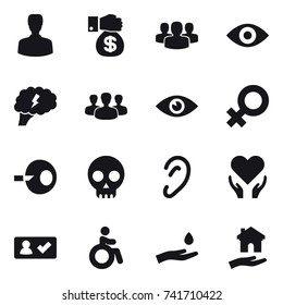 16 vector icon set : man, money gift, group, eye, brain, check in, invalid, hand and drop, housing
