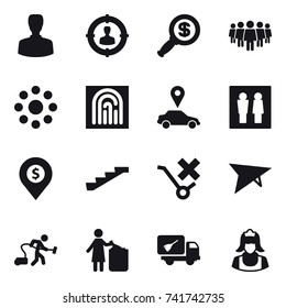16 vector icon set : man, target audience, dollar magnifier, team, round around, fingerprint, car pointer, wc, dollar pin, stairs, deltaplane, vacuum cleaner, garbage bin, home call cleaning