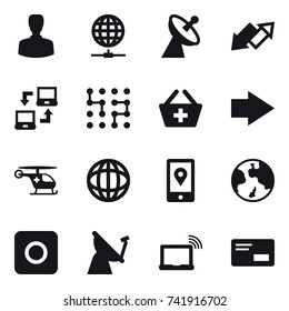 16 vector icon set : man, globe connect, satellite antenna, up down arrow, notebook connect, chip, add to basket, right arrow, earth, ring button