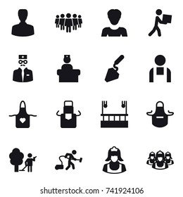 16 vector icon set : man, team, woman, courier, construction, apron, skyscapers cleaning, garden cleaning, vacuum cleaner, cleaner, outsource