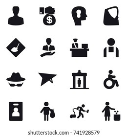 16 vector icon set : man, money gift, bulb head, under construction, deltaplane, detector, invalid, identity card, trash, vacuum cleaner, garbage bin