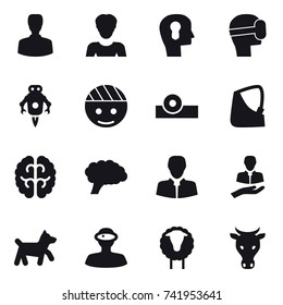 16 vector icon set : man, woman, bulb head, virtual mask, jet robot, dog, sheep, cow