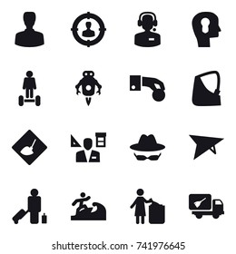 16 vector icon set : man, target audience, call center, bulb head, hoverboard, jet robot, hand coin, under construction, architector, deltaplane, passenger, surfer, garbage bin, home call cleaning