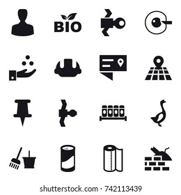 16 vector icon set : man, bio, satellite, cell correction, chemical industry, building helmet, goose, bucket and broom, cleanser powder, paper towel, construct garbage
