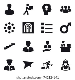 16 vector icon set : man, courier, bulb head, group, round around, fingerprint, list, stairs, plane, vacuum cleaner, cleaner