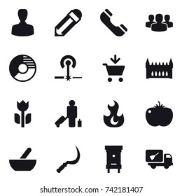 16 vector icon set : man, pencil, phone, group, circle diagram, laser, add to cart, gothic architecture, passenger, mortar, sickle, hive, home call cleaning