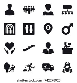 16 vector icon set : man, team, woman, structure, fingerprint, wc, dollar pin, stairs, inspector, garden cleaning, vacuum cleaner, home call cleaning, cleaner