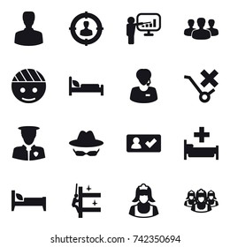 16 Vector Icon Set : Man, Target Audience, Presentation, Group, Check In, Hospital, Bed, Skyscrapers Cleaning, Cleaner, Outsource