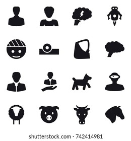 16 vector icon set : man, woman, brain, jet robot, dog, sheep, pig, cow, horse