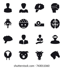 16 vector icon set : man, woman, brain, virtual mask, jet robot, sheep, pig, cow, horse