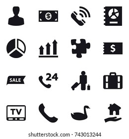16 vector icon set : man, money, call, annual report, diagram, graph up, puzzle, receipt, sale, passenger, suitcase, tv, goose, housing