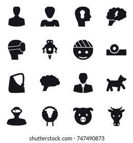 16 vector icon set : man, woman, bulb head, brain, virtual mask, jet robot, dog, sheep, pig, cow