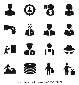 16 vector icon set : man, target audience, money gift, call center, hand coin, surfer, trash, garbage bin