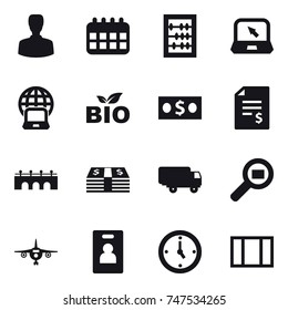 16 vector icon set : man, calendar, abacus, notebook, notebook globe, bio, money, account balance, bridge, plane, identity card, watch, window