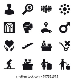16 vector icon set : man, dollar magnifier, team, round around, fingerprint, virtual mask, car pointer, stairs, tourist, inspector, garbage bin