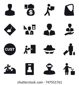 16 vector icon set : man, money gift, courier, under construction, architector, passenger, surfer, identity card, garbage bin
