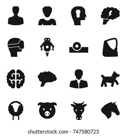16 vector icon set : man, woman, bulb head, brain, virtual mask, jet robot, dog, sheep, pig, cow, horse