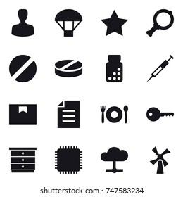 16 vector icon set : man, parachute, star, magnifier, cafe, key, chest of drawers, windmill