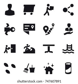 16 vector icon set : man, delivery, courier, molecule, satellite, surfer, table, pool, seeds, bucket and broom, house cleaning, cleanser powder