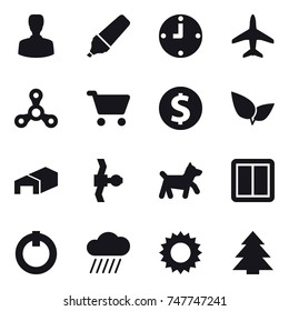 16 Vector Icon Set : Man, Marker, Clock, Plane, Spinner, Cart, Dollar Coin, Warehouse, Dog, Power Switch, Rain Cloud, Sun, Spruce