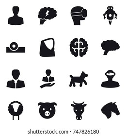 16 vector icon set : man, brain, virtual mask, jet robot, dog, sheep, pig, cow, horse