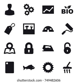 16 vector icon set : man, gear, statistic, bio, label, tools, dome house, repair, map, locked, iron, cutting board, fish, sun, vacuum cleaner