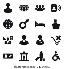 16 vector icon set : man, team, group, pass card, architector, check in, detector, passenger, invalid