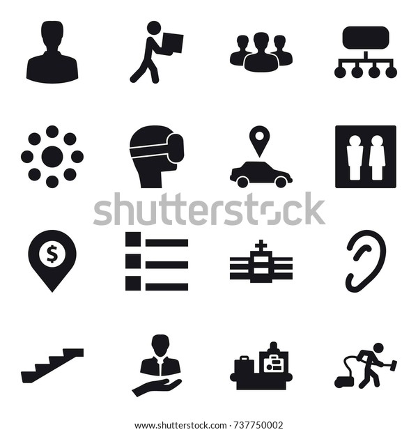 16 vector icon set : man,\
courier, group, structure, round around, virtual mask, car pointer,\
wc, dollar pin, list, stairs, baggage checking, vacuum\
cleaner