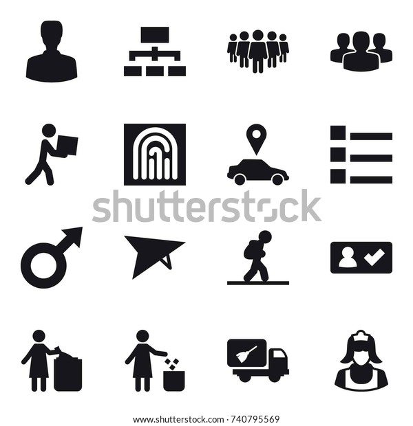 16 vector icon\
set : man, hierarchy, team, group, courier, fingerprint, car\
pointer, list, deltaplane, tourist, check in, garbage bin, home\
call cleaning, cleaner