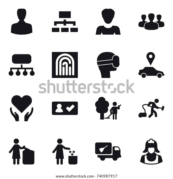 16 vector icon set : man, hierarchy, woman,\
group, structure, fingerprint, virtual mask, car pointer, check in,\
garden cleaning, vacuum cleaner, garbage bin, home call cleaning,\
cleaner