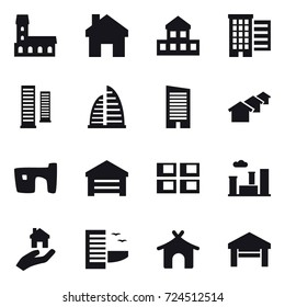 16 vector icon set : mansion, home, cottage, houses, skyscrapers, skyscraper, slum, garage, panel house, city, real estate, hotel, bungalow