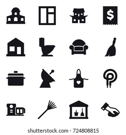 16 vector icon set : mansion, window, japanese house, home, toilet, armchair, broom, pan, satellite antenna, apron, rake, utility room, wiping
