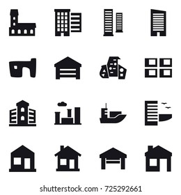 16 vector icon set : mansion, houses, skyscrapers, skyscraper, slum, garage, modern architecture, panel house, building, city, hotel, home, house