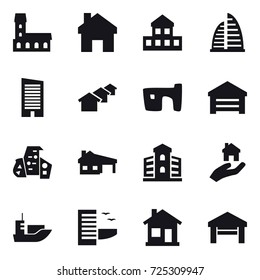 16 vector icon set : mansion, home, cottage, skyscraper, houses, slum, garage, modern architecture, house with garage, building, real estate, hotel